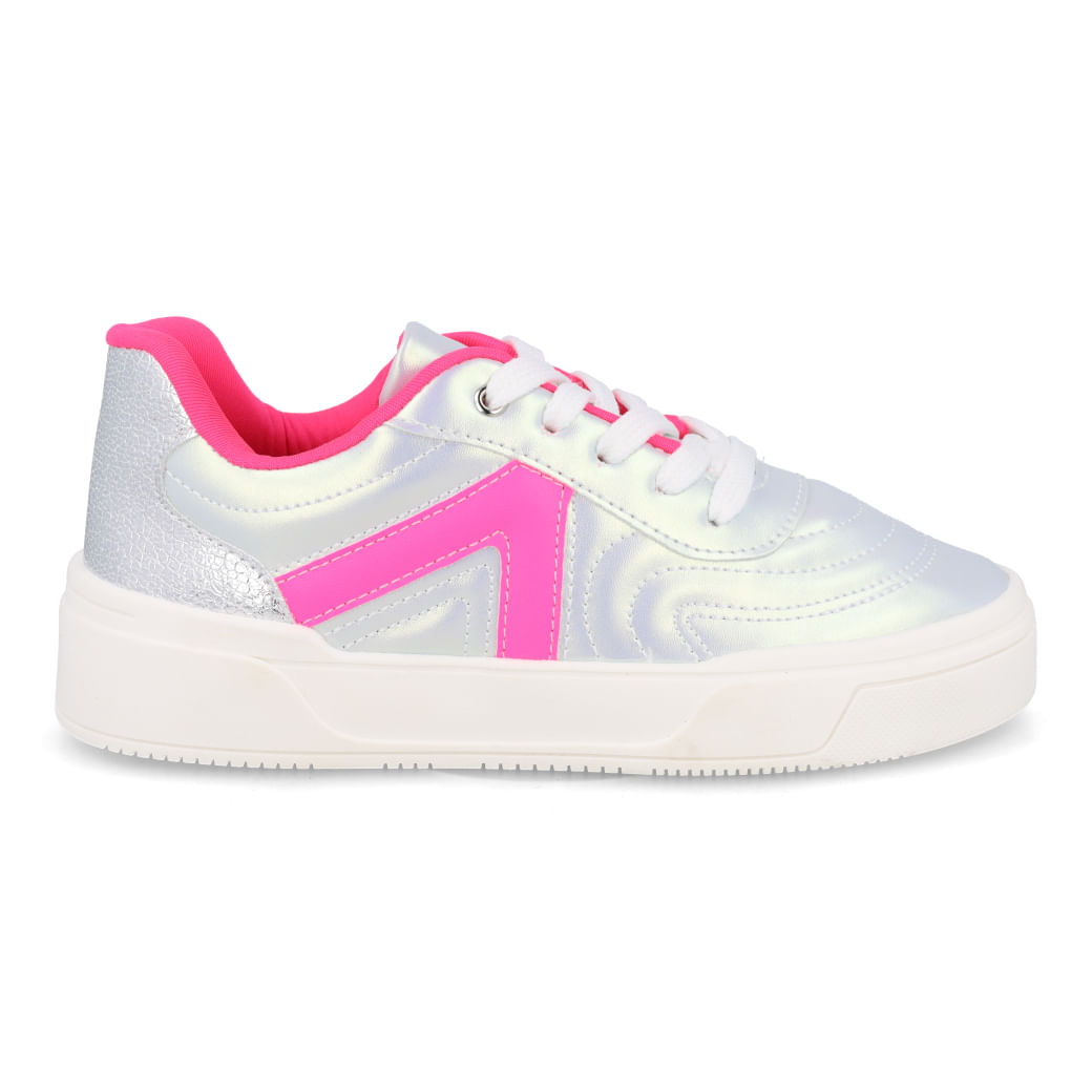 Tênis casual feminino juvenil Funfeet prata holográfico vista lateral direita com cadarço branco e solado branco